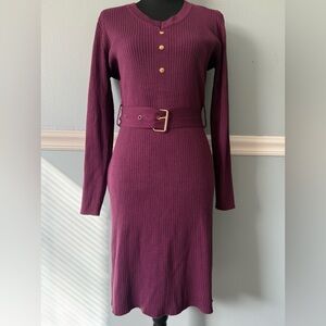 Chic Long Sleeve Ribbed Plum Color Dress with Belt